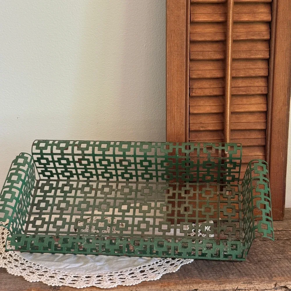 Vintage Green Metal Greek Key Fretwork Industrial Wire Basket Tray Organizer